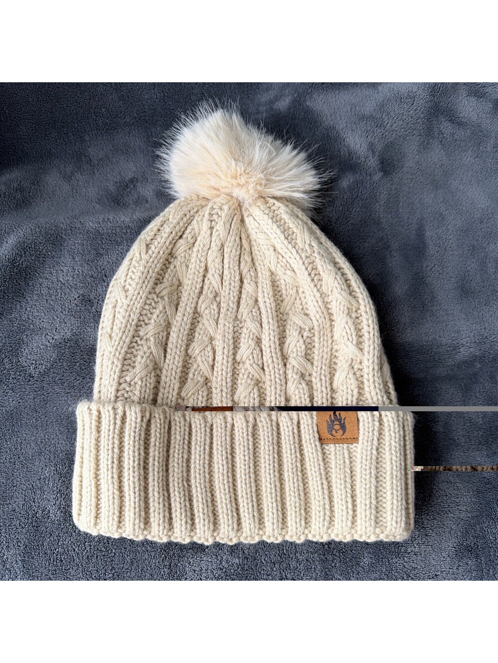 Beige Beanie With Fuzzy Lining And Beige Pom-Pom